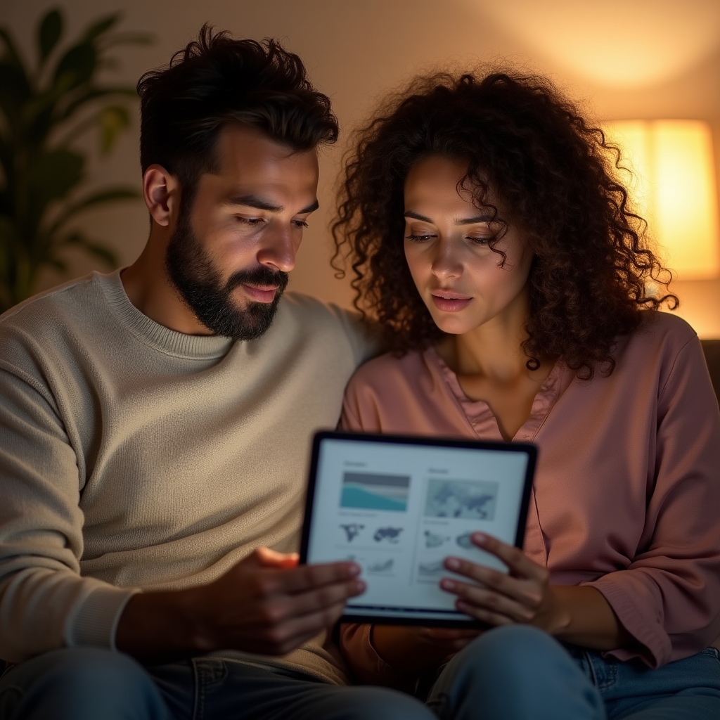Dos personas conversando de forma tranquila sobre finanzas domésticas en el salón de su casa