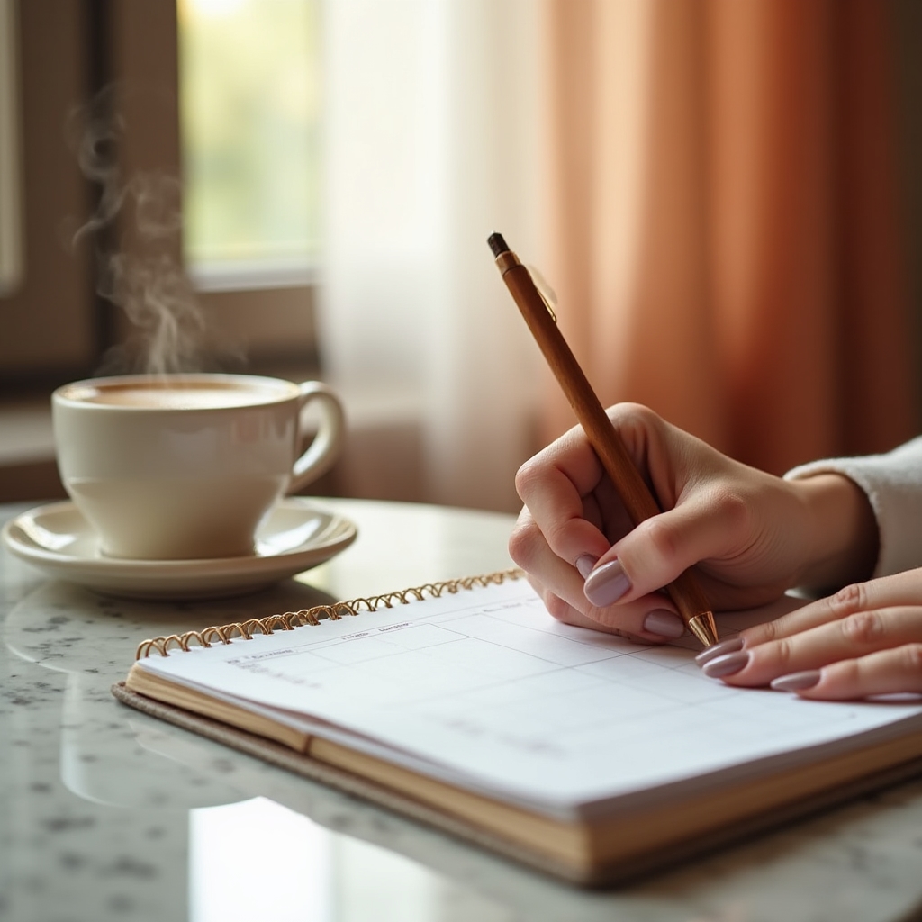 Persona anotando gastos semanales en una agenda junto a una taza de café
