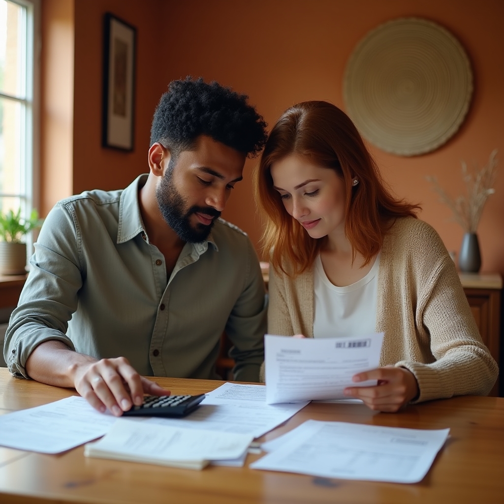 Pareja revisando juntos sus gastos domésticos en la mesa del comedor con documentos y una libreta