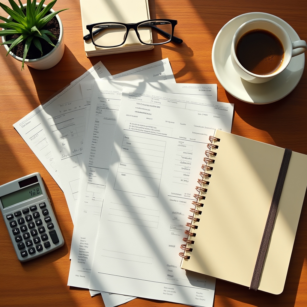 Mesa de trabajo con recibos, calculadora y cuaderno usados para organizar el presupuesto doméstico