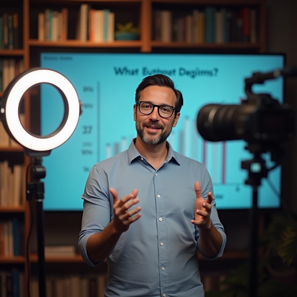 Facilitador explicando un método de seguimiento de gastos durante un webinario en directo frente a una pantalla